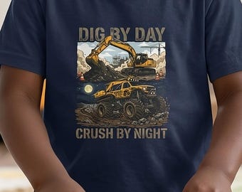 Camiseta de Monster Truck para niños, Cava de día, aplasta de noche / Camiseta infantil inspirada en JCB Digatron, Camiseta Digatron para niños, Regalo Digatron para niños
