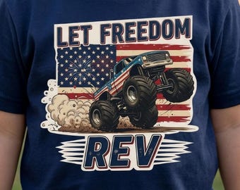 Camiseta de Monster Truck para niños del 4 de julio / Let Freedom Rev, Camiseta de vehículos para niños del 4 de julio, Camiseta de camión del 4 de julio, Deportes de motor del 4 de julio