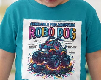 Camiseta infantil con anuncio de adopción de camión monstruo con perro robot / Camiseta Bailey Circuit, camiseta de robótica para niños, camiseta de perro robot