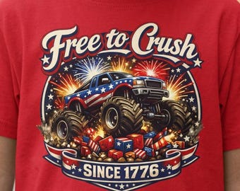 Camiseta de Monster Truck para niños del 4 de julio / Free to Crush Since 1776, Camiseta de vehículos para niños del 4 de julio, Camiseta patriótica para niños, Camiseta de fuegos artificiales para niños