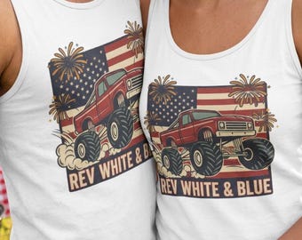 Camiseta Monster Truck Tank / Rev blanca y azul patriótica para hombre, unisex, para el 4 de julio.