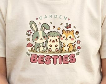 Camiseta Garden Besties para niñas, linda camiseta Kawaii de conejito, erizo y ardilla listada, regalo para amantes de la naturaleza, regalo de animales del bosque, regalo para niñas amantes de la naturaleza