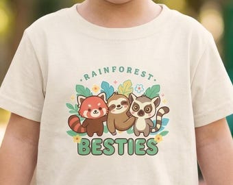Camiseta de mejores amigas de la selva tropical Kawaii Camiseta linda de la jungla Camiseta de panda rojo perezoso lémur Camiseta de regalo de animales tropicales