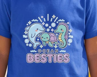 Camiseta Ocean Besties para niñas, linda camiseta con delfines, tortugas y caballitos de mar, camiseta Kawaii para niños, regalo de animales marinos para hija, camiseta de verano para niñas