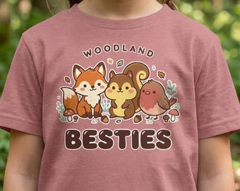 Camiseta de amigas del bosque para niñas, linda camiseta de zorro, ardilla y pájaro, camiseta kawaii para niños, regalo de animales del bosque para hija, regalo para la mejor amiga de las niñas