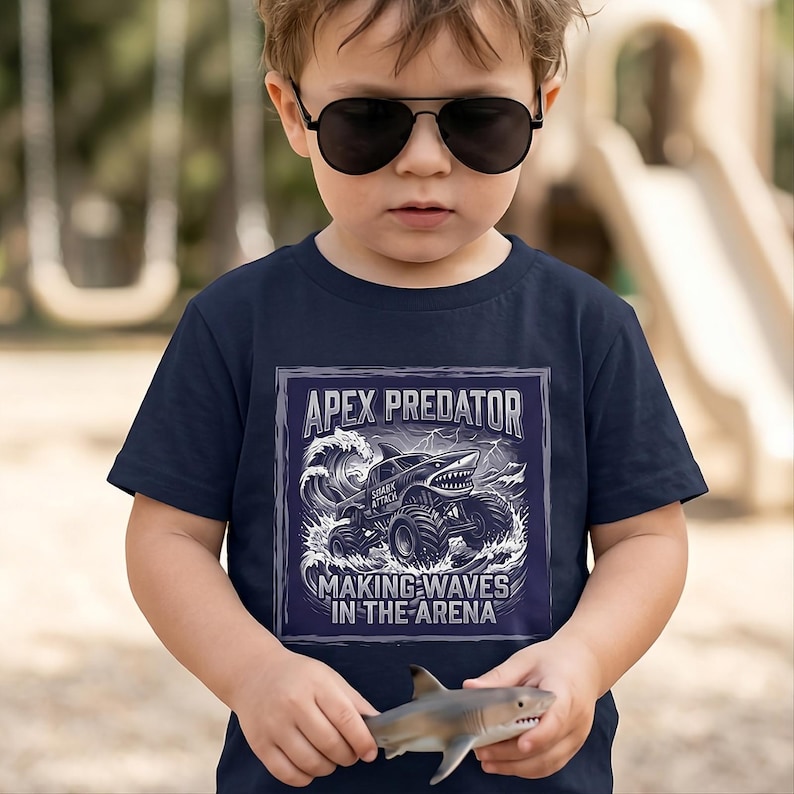 May include: Navy blue t-shirt featuring a shark-themed monster truck graphic with the text "APEX PREDATOR" and "MAKING WAVES IN THE ARENA". The shirt is worn by a young child holding a toy shark.