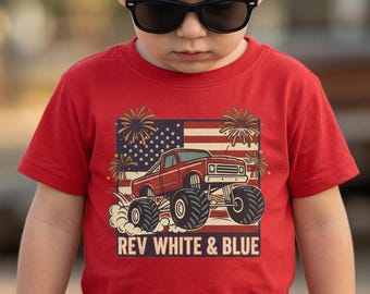 Camiseta infantil Monster Truck para niños del 4 de julio, color blanco y azul / Camiseta patriótica Monster Truck, camiseta Monster Truck del 4 de julio, camiseta de vehículo estadounidense