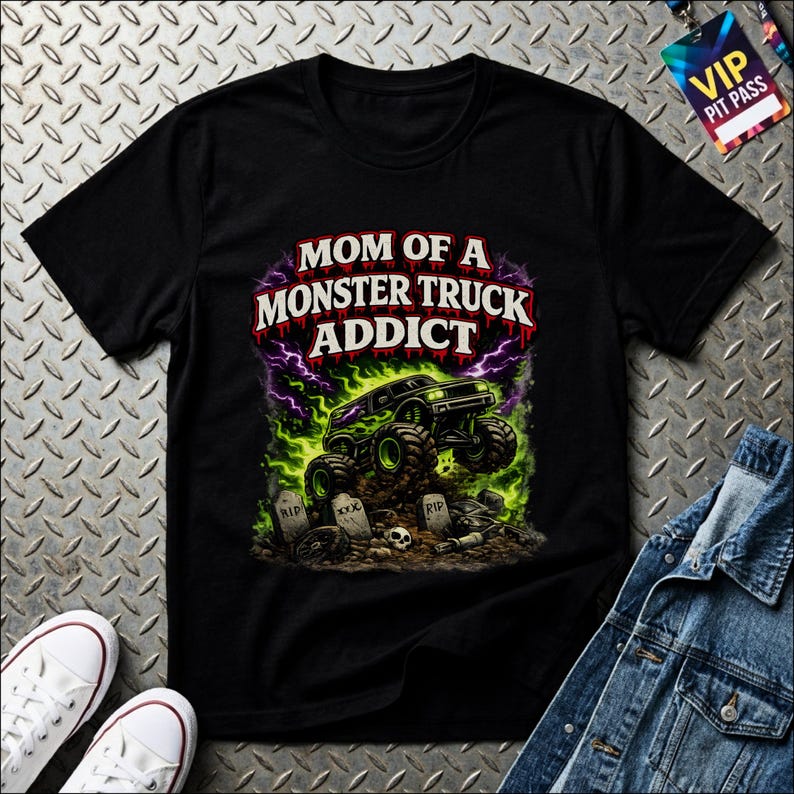 Mom of a Monster Truck Addict Graphic Tee, Boy Mom Monster Truck Shirt, Boy Mom Mother's Day Gift, El Toro Loco Shirt, Grave Digger Shirt image 1