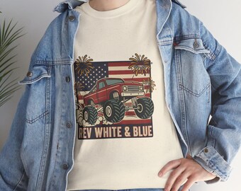 Camiseta de Monster Truck blanca y azul Rev / Camiseta patriótica de carreras de camiones, camiseta Monster Truck del 4 de julio, americana, vintage del 4 de julio