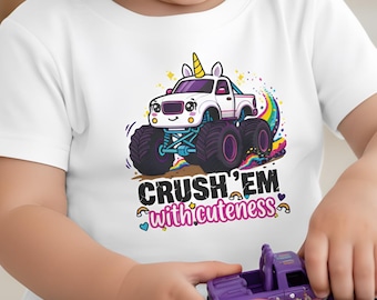 Camiseta Unicornio Monster Truck para Niñas Pequeñas / ¡Aplasta con tu ternura! Camiseta Unicornio Truck para Niñas, Regalo Brillante para Niñas, Camiseta Brillante