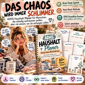 Könnte beinhalten: Ein spiralgebundener Haushaltsplaner mit dem Titel ADHS HAUSHALT PLANER. Das Cover zeigt einen Wäschekorb und eine Katze. Der Planer enthält über 60 Seiten für Reinigungspläne, Raumplanung und tägliche Routinen zur Strukturierung des Alltags.