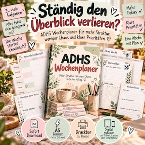 Könnte beinhalten: Ein ADHS Wochenplaner mit floralem Cover, der einen Stapel Bücher mit den Aufschriften Planen, Priorisieren, Fokus und Mehr Ich zeigt. Das Set enthält verschiedene druckbare Seiten für Wochenübersichten und Habit-Tracker im A5-Format.