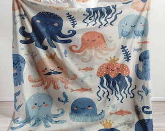 Minky Blanket, Sherpa Fleece, Velveteen Plush Throw, Octopus And Jellyfish Throw Blanket, Ocean Animal Blanket, Sea Life, Kids Blanket