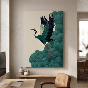 May include: A rectangular wall art print featuring a crane in flight with black and teal wings, a white neck, and a red crown. The bird is positioned above a dense, textured pattern of swirling teal circular shapes against a cream background.