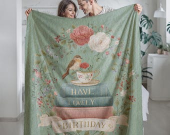 Manta Minky, Sherpa, Terciopelo, Manta de Cumpleaños Floral Vintage, Que Tengas un Feliz Cumpleaños, Pájaro Botánico y Libro