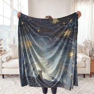 Celestial Cat Throw Blanket, Starry Sky, Minky Blanket, Sherpa Fleece, Velveteen Plush Throw