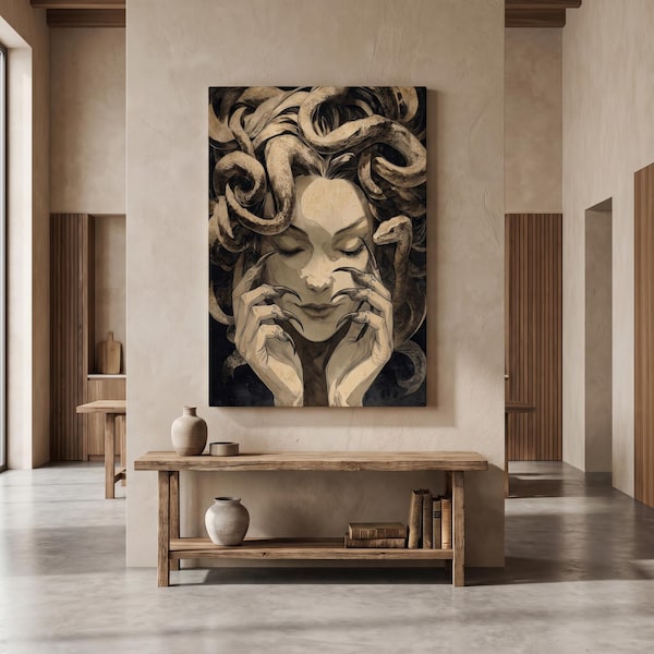 Dark Medusa Framed Canvas, Gothic Snake Goddess Poster, Mythology Decor, Greek Monster Artwork, Fantasy Gift, Horror Canvas Poster Decor