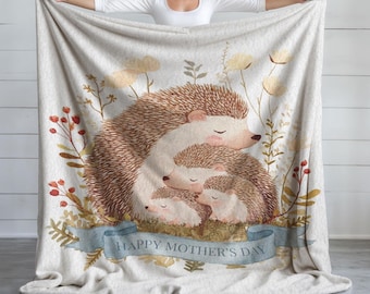 Minky Blanket, Sherpa Fleece, Velveteen Plush Throw, Hedgehog Mom Blanket, Mothers Day, Adorable Hedgehog Family, Sweet Animal Mother Throw
