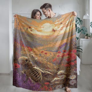 Minky Decke, Sherpa Fleece, Samt Plüschdecke, Skelett In Mohnfeld Decke, Sonnenuntergang Wiese, Schmetterlinge Und Blumen