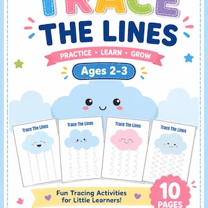 Könnte beinhalten: Ein farbenfrohes Lernaktivitätsbuch mit dem Titel "Trace The Lines" für Kinder im Alter von 2-3 Jahren. Das Cover zeigt den Titel in verschiedenen Farben, Wolkenillustrationen und den Text "Fun Tracing Activities for Little Learners!" Das Buch hat 10 Seiten.