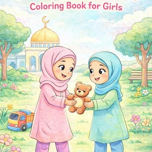 May include: A colorful illustration of an "Islamic Good Manners Coloring Book for Girls." Two girls in hijabs are sharing a teddy bear. The book cover has text and is set in a park with a mosque and a toy truck.