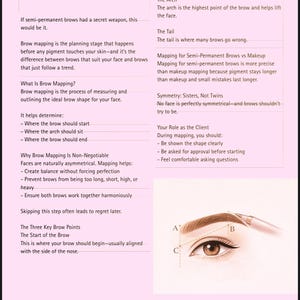 May include: Page from a beauty ebook discussing brow mapping for semi-permanent makeup. The page features text explaining brow mapping, key brow points, and colour theory. An illustration of an eye with brow mapping points is also shown.