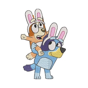 May include: An embroidered design featuring two cartoon dogs, one orange and one blue, both wearing bunny ear hats. The blue dog is carrying the orange dog on its back. The design is on a white background.