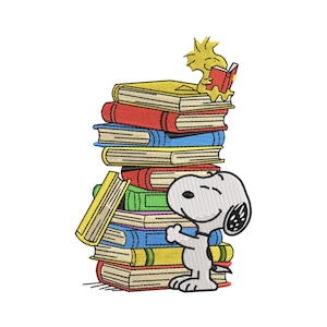 May include: An embroidered design featuring Snoopy and Woodstock with a stack of colorful books. Snoopy stands smiling, while Woodstock reads atop the books. The books are in various colors, including red, yellow, blue, and green.