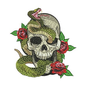 May include: Embroidered design of a skull entwined by a green snake, with red roses and green leaves. The snake has a pink tongue and yellow fangs. The design is set against a white background. A gothic-inspired design.