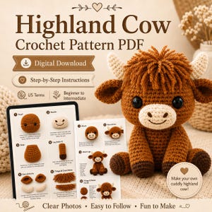 Può includere: Un modello di uncinetto digitale per una mucca delle Highlands, con un peluche finito marrone e beige. L'immagine include un tablet con istruzioni e diagrammi. Il testo include "Download digitale" e "Istruzioni passo passo".