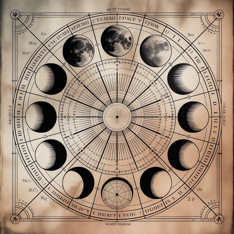 Vintage Moon Phases Chart Print, Celestial Astrology Art (digital ...