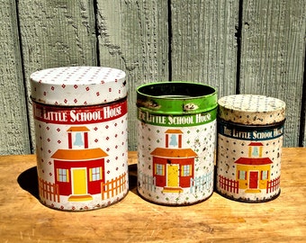 Vintage Nesting Tin The  Little School House Storage Hong Kong Rustic Cottage Shabby Chic