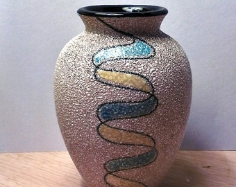 Sweet Small Mid Century Modern Vase Textured Enamel over Black Glass Pink Peach Blue Yellow