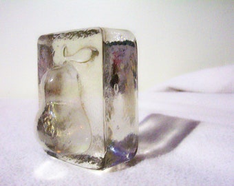 Ice Look Thick Cube Pear Vintage Glass Block Paperweight Clear Glass Fruit 3D Figural