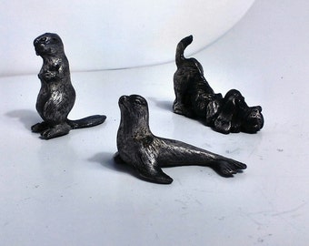 All THREE Vintage Pewter Seal, Comical Hound Dog and Standing Beaver Miniature Figurine Animals Nature