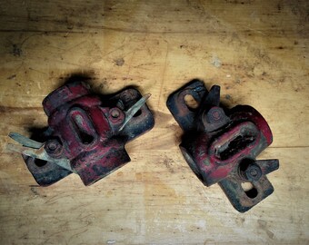 Two Vintage Antique Pillow Blocks Bearing Large Machinist Automobile Pre Grease Red Military ? Fire Department ?  Tractor? Rusty Metal Parts