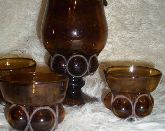 Imprisoned Caged Bubble Glass Italy Handmade OOAK Mid Century  Blown Amber Art Glass Pitcher Cups