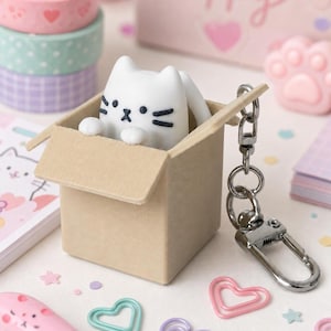 Peut inclure: Une figurine de chat blanc avec des traits noirs sortant d'une boîte en carton beige. La boîte est fixée à un porte-clés en métal argenté avec un fermoir mousqueton. Le chat a deux petites oreilles et des pattes posées sur le bord.