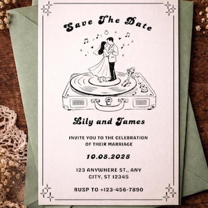 May include: Wedding invitation with the text "Save The Date" and the names "Lily and James". The invitation features a couple dancing on a record player illustration. The date is 10.08.2028.