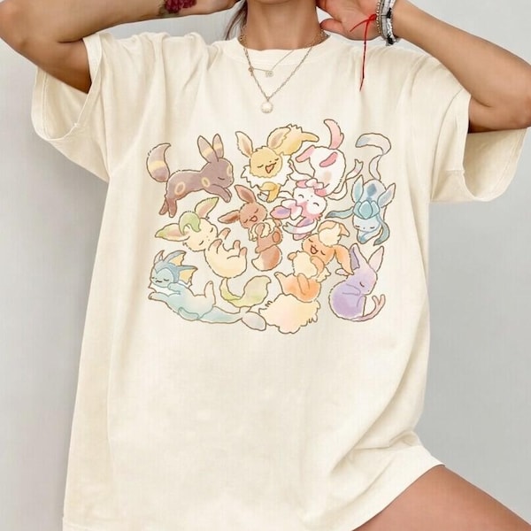Comfort Colors Evoli-Entwicklungs-Shirt, Anime-Grafik-T-Shirt mit Evoli-Entwicklungen, süßes Pokémon-Shirt, Retro-Taschenmonster-Shirt, Geschenk für Anime-Fans