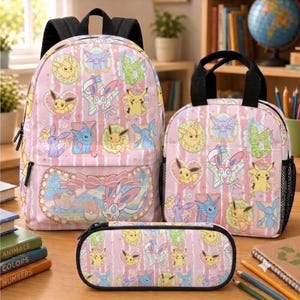 Pokemon Eeveelution Backpack Set, Personalized School Bag, Lunch Box & Pencil Case, Pastel Anime Design, Back to School Gift