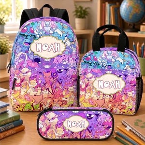Personalisiertes Pokémon-Kinderrucksack-Set, Schulranzen mit individuellem Namen, Brotdose und Federmäppchen, Anime-Schulstartgeschenk