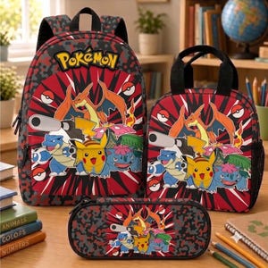 Pokémon-Rucksack-Set für Kinder, Glurak-Pikachu-Lunchtasche, Pokémon-Schulbedarf, Geschenk für Jungen, Schulanfang