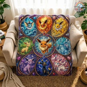 Pokemon Eeveelutions Fleece Blanket, Stained Glass Eevee Evolution Throw, Gaming Room Decor, Cute Pokemon Fan Gift
