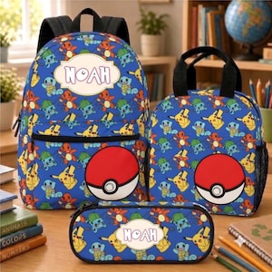 Personalisiertes Pokémon-Rucksack-Set, Schulrucksack mit individuellem Namen, Pokéball-Lunchbox, Geschenk für Kinder, Schulbedarf für Jungen und Mädchen