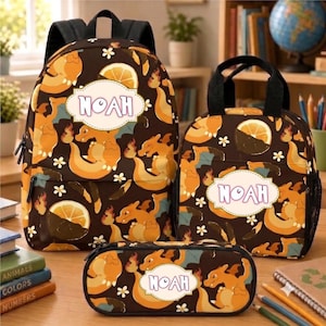 Personalisiertes Charizard-Pokémon-Rucksackset, Schultasche mit Namen, Brotdose und Federmäppchen – das perfekte Geschenk zum Schulanfang