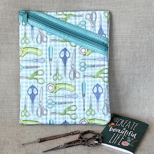 Medium Teal Scissor Print Fabric Quilted Zipper Pouch