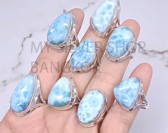 Unieke zilveren Larimar-ring, handgemaakte boho-statementsieraden