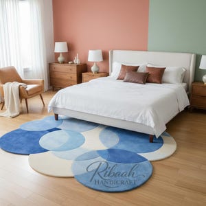 Luxury Blue Abstract Circle Wool Rug, Modern Overlapping Round Shape Hand Tufted Designer Area Carpet for Living Room Decor