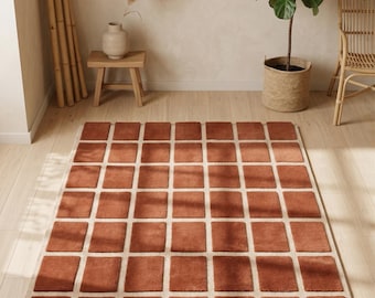 Wavy Checkerboard Rug | Terracotta 8x10 Area Rug | Mid Century Modern Wool Carpet | Custom Hand Tufted Rug for Living Room
